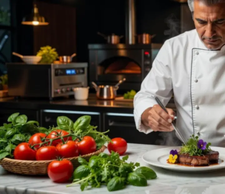 Chef ejecutivo emplatando en una cocina de restaurante de lujo