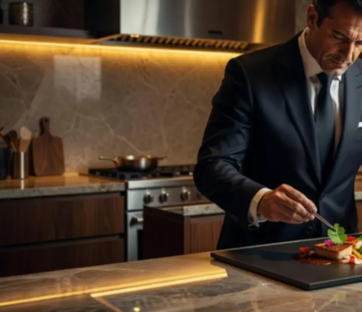 Chef argentino emplatando con precisión un plato de autor en la cocina de Nochesdenaipes.