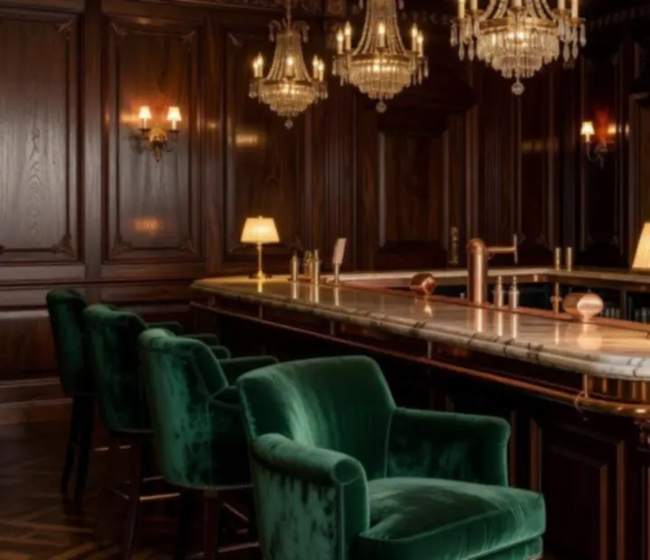 Detalle de interior cinematográfico con maderas oscuras, cuero, luces ámbar y acentos en cobre.
