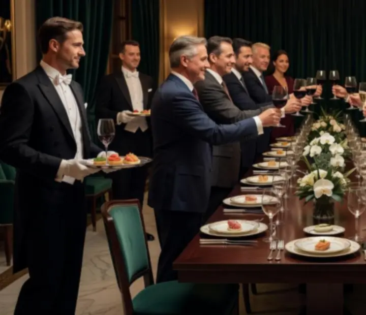 Evento corporativo íntimo en salón privado con invitados brindando alrededor de una mesa elegante.