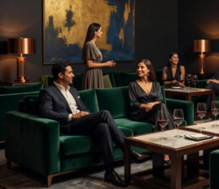 Lounge privado de lujo con sillones de cuero y barra iluminada para eventos de poker