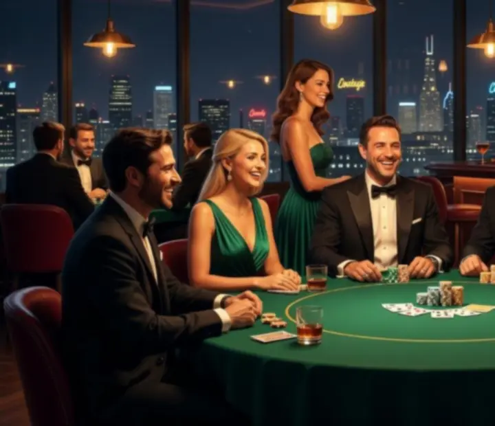 Grupo de invitados disfrutando una noche de poker social en un lounge de lujo