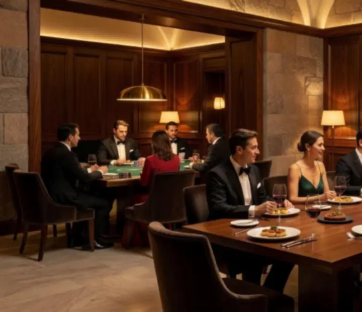 Restaurante de lujo con mesas de poker y comensales disfrutando una noche íntima