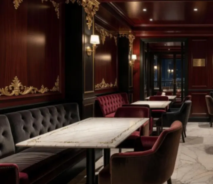 Interiores de restaurante de lujo con mesas vestidas, mármol y madera de nogal