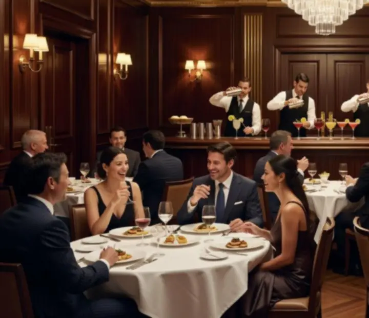 Vista cinematográfica de la noche inaugural: mesas de caoba, copas de vino y una partida de poker en un salón elegante.