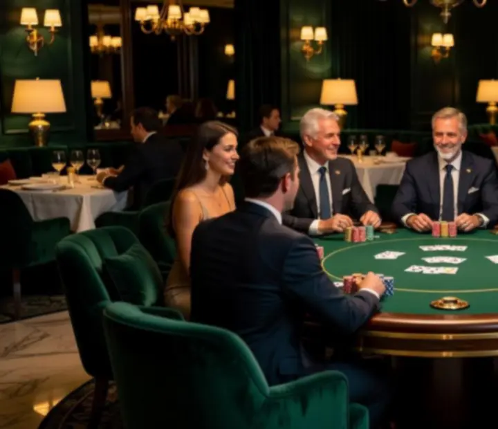 Lounge de poker íntimo con fichas, cartas y iluminación cálida