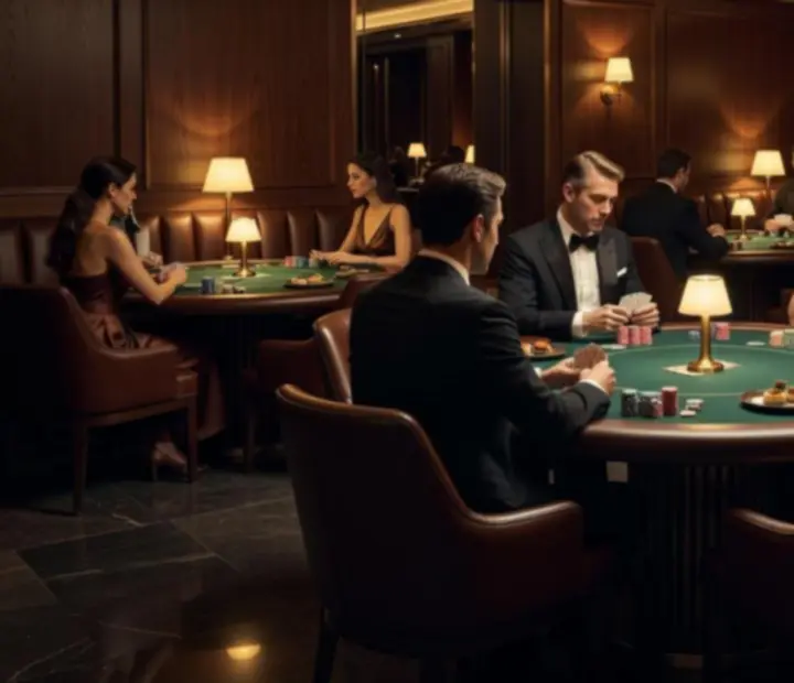 Mesa de poker elegante rodeada de invitados disfrutando de una noche gourmet