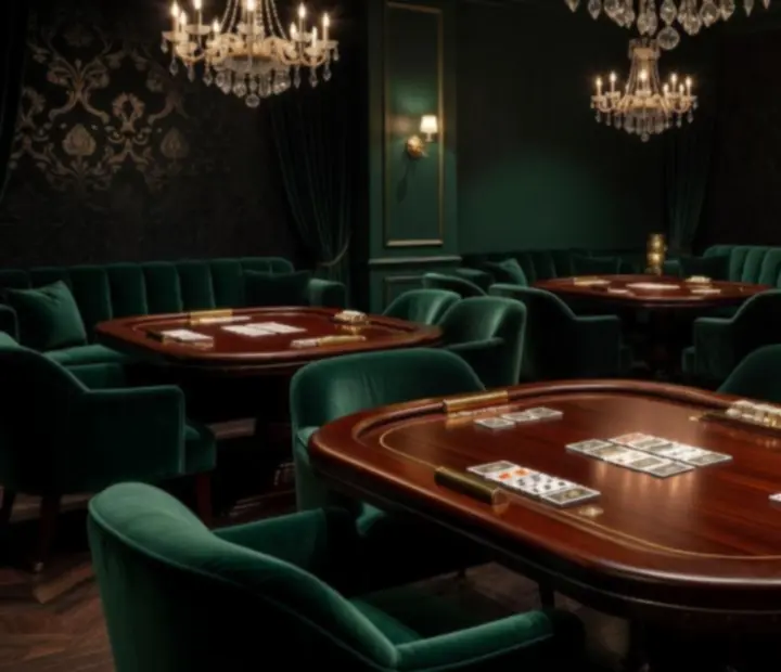 Interior de lounge de poker con iluminación cálida y mesas de diseño