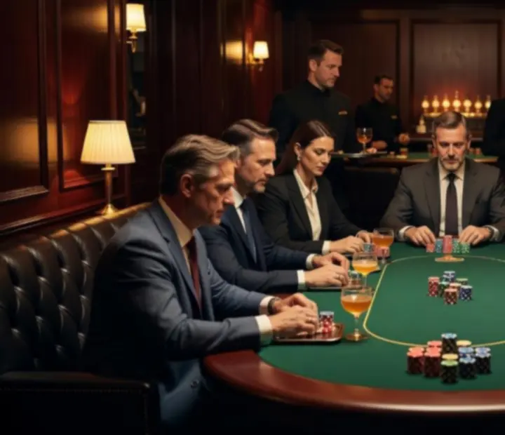 Torneo privado de poker en lounge elegante con fichas y copas