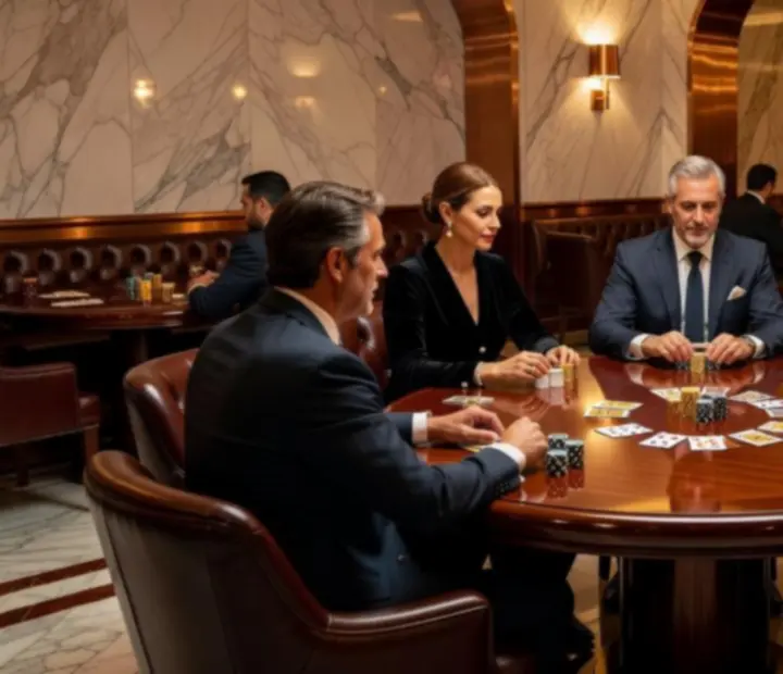 Poker lounge de lujo con mesas de caoba, sillones de cuero y luz cálida en Nochesdenaipes.