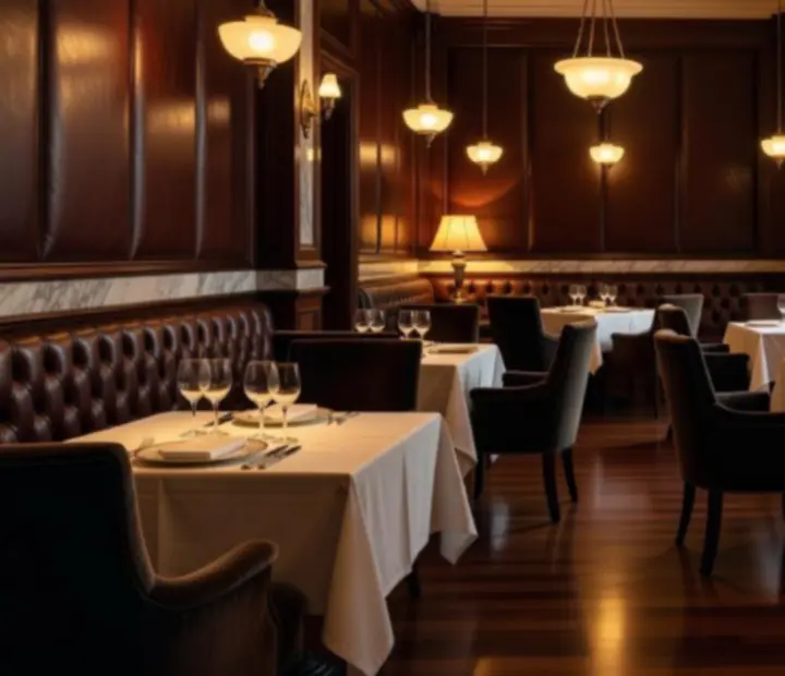 Salón privado elegante con mesas vestidas, sillones de cuero y luz cálida en Nochesdenaipes.