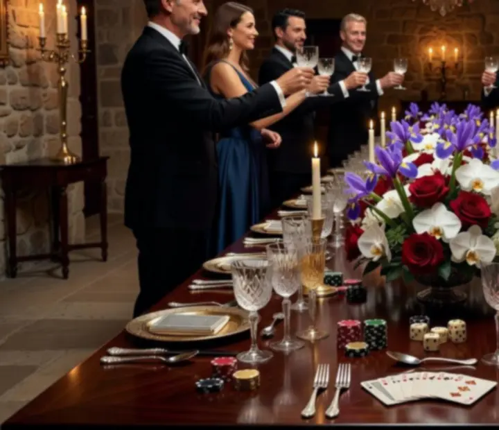 Mesa larga preparada para evento privado con detalles de poker y gastronomía