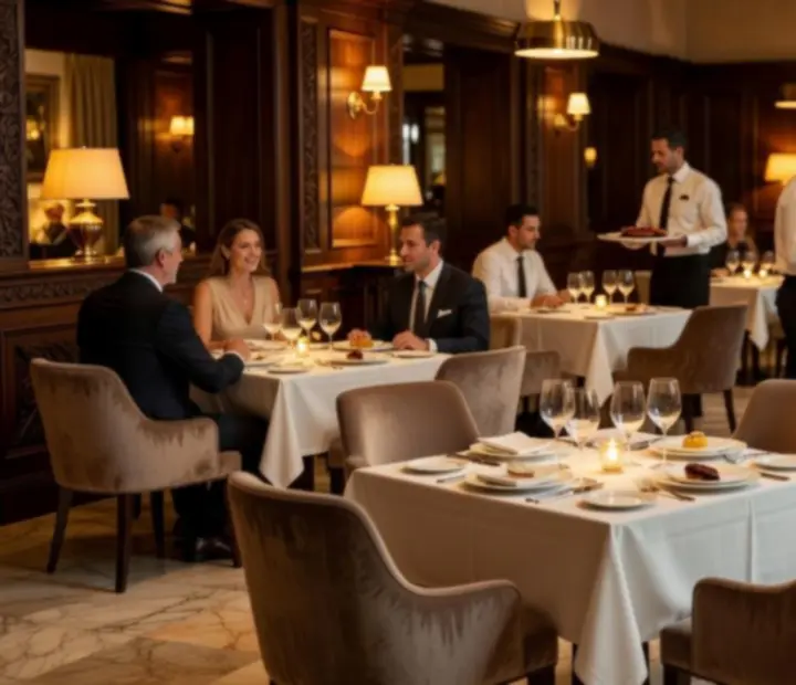 Ambiente cinematográfico del restaurante Nochesdenaipes, con mesas elegantes y luz cálida