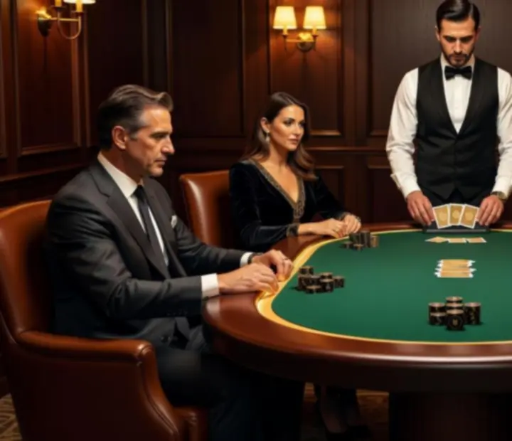 Mesa de poker privada con tapete verde profundo, fichas elegantes y croupier profesional.