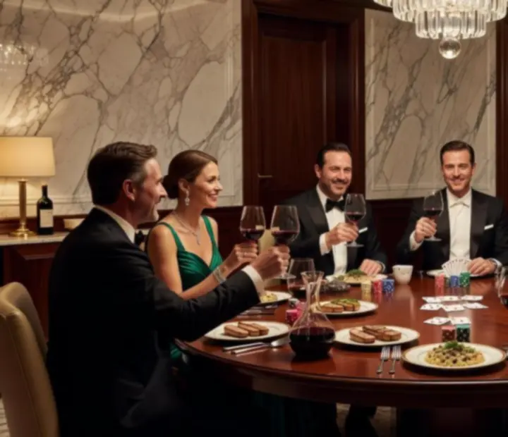 Grupo de invitados disfrutando de una experiencia social VIP con gastronomía y poker